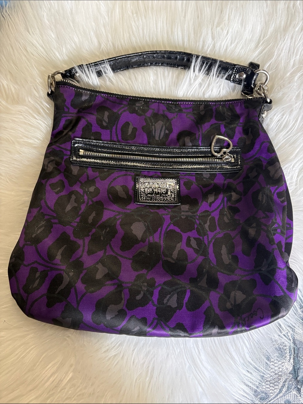 Coach Purple and Black Floral-Print Shoulder Bag with Silver Hardware